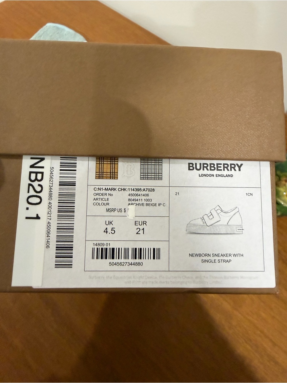 Burberry Beige Newborn Sneaker with Single Strap